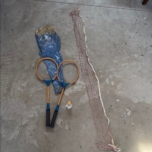 Vintage Blue Ribbon Wood Badminton Rackets with birdie/net/carrying case